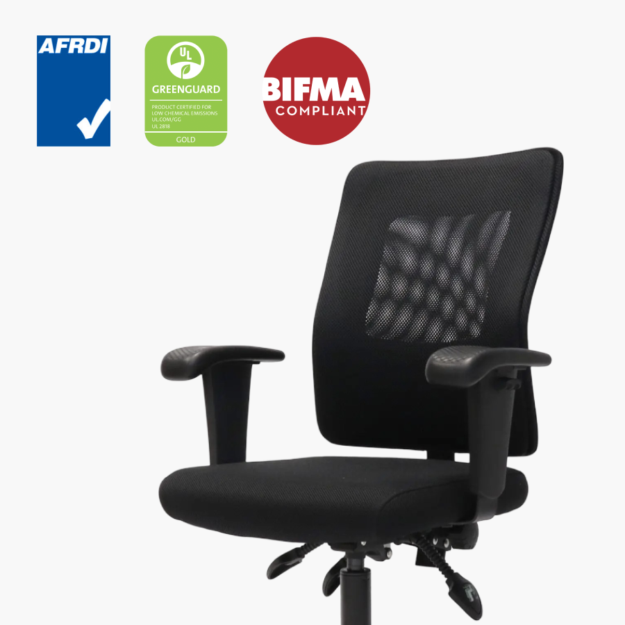 An office chair with icons for warranties and certifications